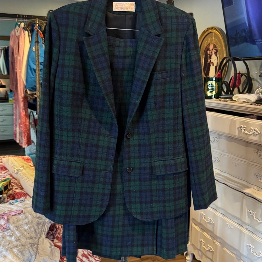Pendleton Green and Blue Plaid Blazer Jacket and Matching pleated skirt